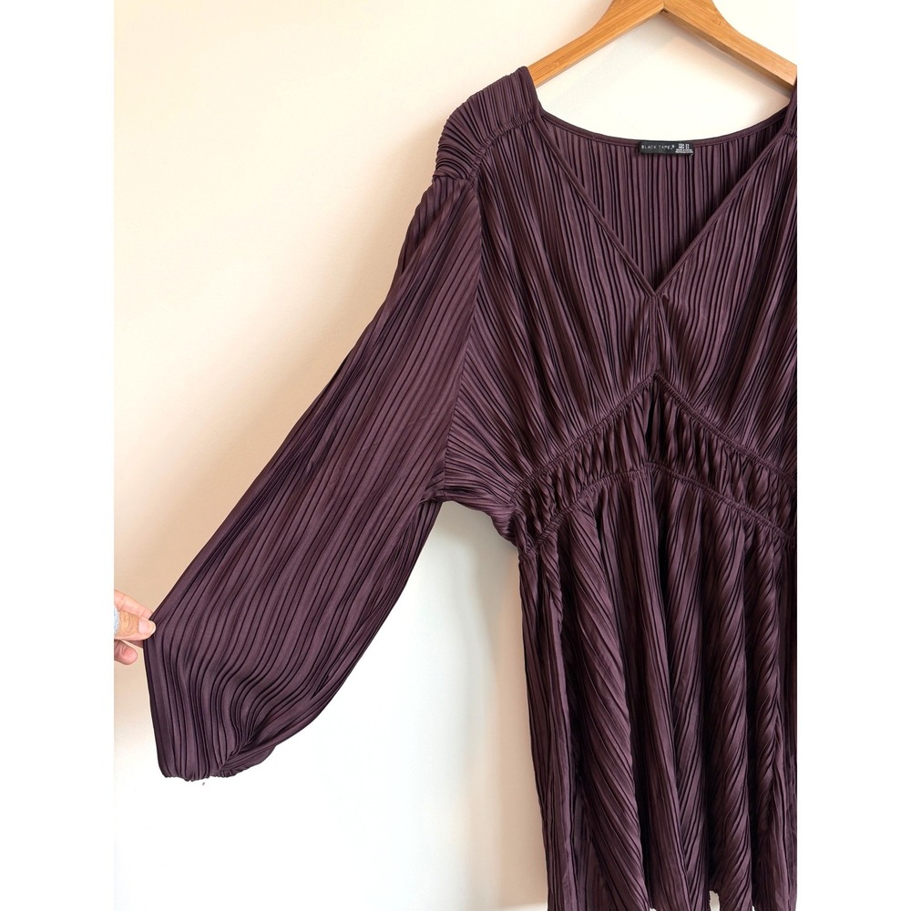Women's Plum Pleated V Neck Mini Dress Dark Romantic Boho Ethereal - Picture 6 of 12